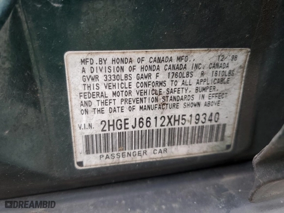 1999 Honda Civic VP with VIN 2HGEJ6612XH519340, listed as a Copart auction lot 45510895 with 192,955 mi miles and Salvage Title. Bid and sale history available at carsss.com. Image 12.