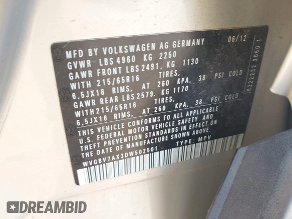 2013 Volkswagen Tiguan SE z VIN WVGBV7AX3DW502501, wystawiony jako IAAI lot #42827693 z przebiegiem 107 413 mil mil oraz . Historia ofert i sprzedaży dostępna na DreamBid. Obrazek 9.