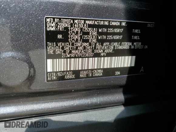 2023 Toyota RAV4 XLE with VIN 2T3W1RFV7PC238207, listed as a Copart auction lot 51512885 with 22,719 mi miles and Non Repairable. Bid and sale history available at carsss.com. Image 14.