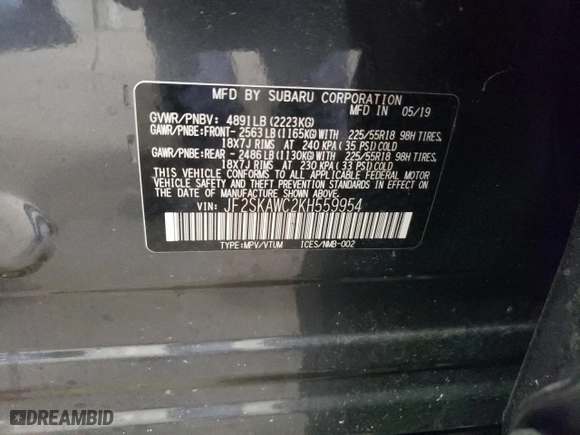 2019 Subaru Forester Touring with VIN JF2SKAWC2KH559954, listed as a Copart auction lot 73584304 with 54,673 mi miles and Salvage Title. Bid and sale history available at carsss.com. Image 14.
