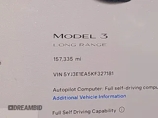 2019 Tesla Model 3 Mid Range with VIN 5YJ3E1EA5KF327181, listed as a IAAI auction lot 41860943 with 157,335 mi miles and . Bid and sale history available at DreamBid. Image 15.