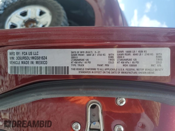 2021 Ram 2500 Big Horn with VIN 3C6UR5DL1MG581624, listed as a Copart auction lot 58799575 with 50,828 mi miles and Salvage title. Bid and sale history available at DreamBid. Image 12.
