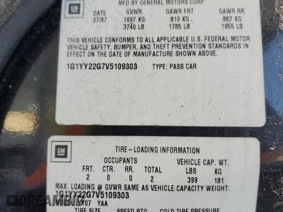 1997 Chevrolet Corvette with VIN 1G1YY22G7V5109303, listed as a Copart auction lot 75363564 with 155,018 mi miles and Salvage Title. Bid and sale history available at carsss.com. Image 12.