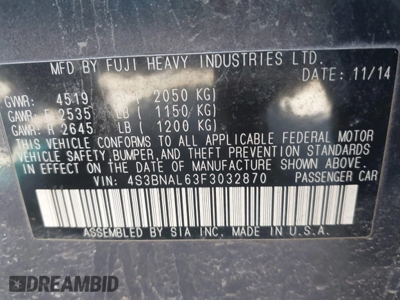 2015 Subaru Legacy 2.5i Limited with VIN 4S3BNAL63F3032870, listed as a IAAI auction lot 42170877 with 158,570 mi miles. Bid and sale history available at carsss.com. Image 9.