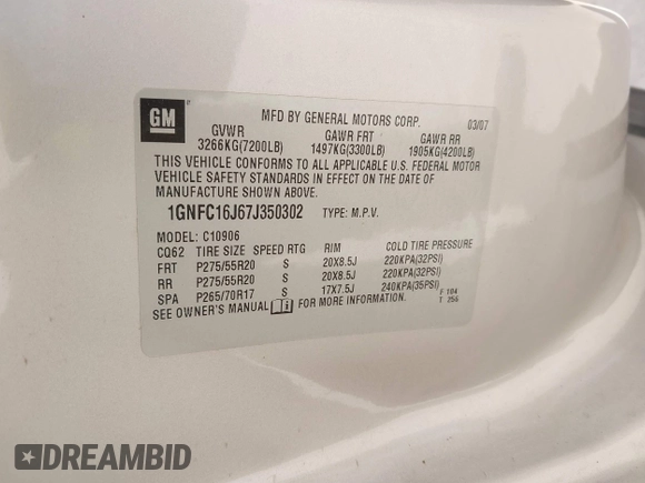 2007 Chevrolet Suburban LT с VIN 1GNFC16J67J350302, выставлен на аукционе IAAI как лот 41940082 с пробегом 176 491 миль миль и . История ставок и продаж доступна на DreamBid. Изображение 9.