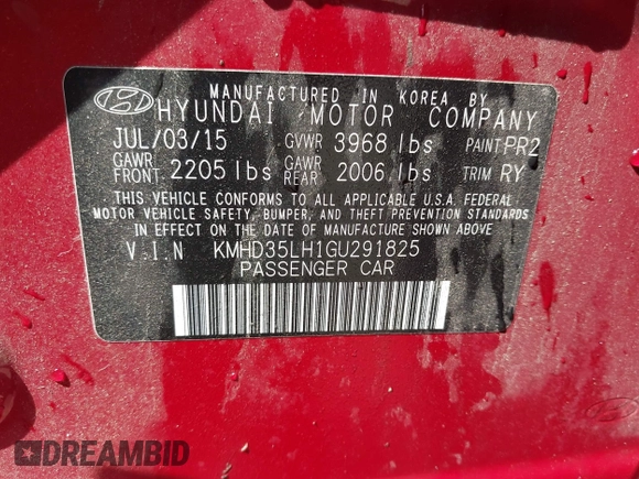 2016 Hyundai Elantra with VIN KMHD35LH1GU291825, listed as a IAAI auction lot 41903239 with 68,861 mi miles and . Bid and sale history available at DreamBid. Image 9.