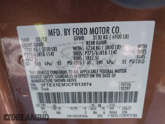 2012 Ford F-150 XL with VIN 1FTEX1EM3CFB13574, listed as a IAAI auction lot 41277549 with 115,000 mi miles and . Bid and sale history available at carsss.com. Image 9.