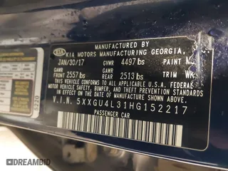 2017 Kia Optima EX with VIN 5XXGU4L31HG152217, listed as a IAAI auction lot 41726906 with 97,681 mi miles. Bid and sale history available at carsss.com. Image 9.