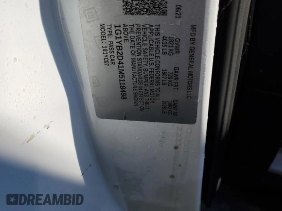 2021 Chevrolet Corvette 2LT with VIN 1G1YB2D41M5118498, listed as a Copart auction lot 41978475 with Not provided miles and Salvage title. Bid and sale history available at DreamBid. Image 13.