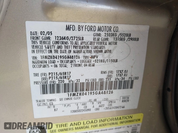 2005 Ford Freestyle SE with VIN 1FMZK04195GA48126, listed as a IAAI auction lot 42046818 with 0 mi miles. Bid and sale history available at carsss.com. Image 9.