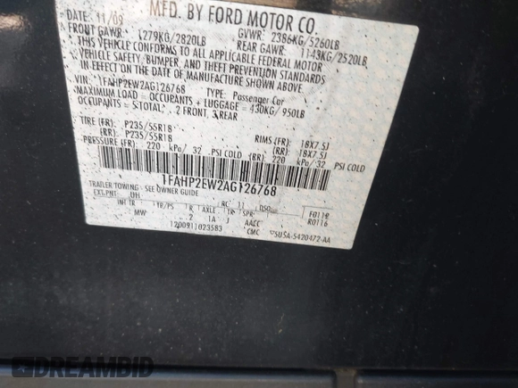 2010 Ford Taurus SEL with VIN 1FAHP2EW2AG126768, listed as a IAAI auction lot 41966591 with 202,733 mi miles and . Bid and sale history available at carsss.com. Image 9.