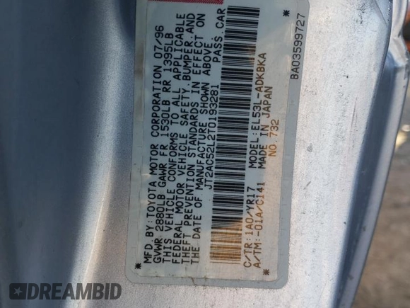 1996 Toyota Tercel DX z VIN JT2AC52L2T0193281, wystawiony jako Copart lot #85787774 z przebiegiem Nie podano mil oraz Szkody całkowita. Historia ofert i sprzedaży dostępna na DreamBid. Obrazek 13.
