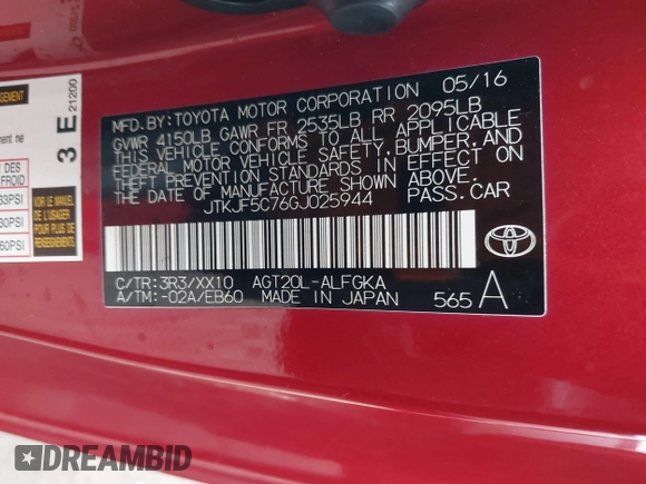 2016 Scion tC with VIN JTKJF5C76GJ025944, listed as a IAAI auction lot 41160529 with 121,495 mi miles. Bid and sale history available at carsss.com. Image 9.