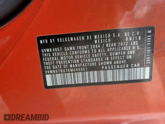 2019 Volkswagen Jetta S with VIN 3VWN57BU7KM090051, listed as a Copart auction lot 57095755 with 63,165 mi miles and Salvage title. Bid and sale history available at DreamBid. Image 12.