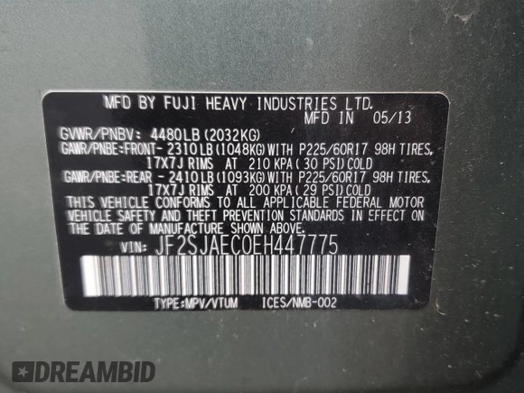 2014 Subaru Forester Premium with VIN JF2SJAEC0EH447775, listed as a Copart auction lot 56037295 with 136,318 mi miles and Clean Title. Bid and sale history available at DreamBid. Image 12.
