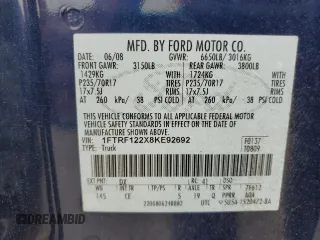 2008 Ford F-150 XL with VIN 1FTRF122X8KE92692, listed as a Copart auction lot 62864245 with 125,104 mi miles and Clean title. Bid and sale history available at DreamBid. Image 12.