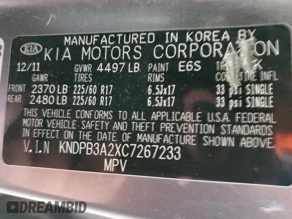 2012 Kia Sportage LX with VIN KNDPB3A2XC7267233, listed as a Copart auction lot 63487395 with 225,015 mi miles and Clean title. Bid and sale history available at DreamBid. Image 12.