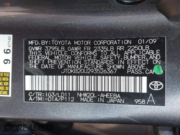 2009 Toyota Prius with VIN JTDKB20U293526367, listed as a IAAI auction lot 41709258 with 196,397 mi miles. Bid and sale history available at carsss.com. Image 9.