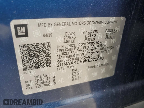 2019 Chevrolet Equinox LT with VIN 2GNAXKEV9K6272063, listed as a Copart auction lot 55803365 with 102,425 mi miles and Salvage title. Bid and sale history available at DreamBid. Image 13.