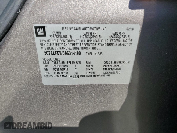 2010 GMC Terrain SLT-1 with VIN 2CTALFEW6A6314180, listed as a Copart auction lot 60278425 with Not provided miles and Salvage title. Bid and sale history available at DreamBid. Image 13.