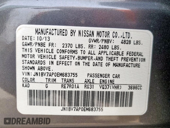 2014 Infiniti Q50 Premium с VIN JN1BV7AP0EM683755, выставлен на аукционе Copart как лот 57903815 с пробегом 101 855 миль миль и Списание • Salvage title. История ставок и продаж доступна на DreamBid. Изображение 12.