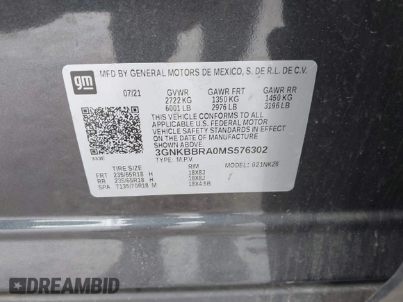 2021 Chevrolet Blazer LT with VIN 3GNKBBRA0MS576302, listed as a IAAI auction lot 41916335 with 98,472 mi miles and . Bid and sale history available at DreamBid. Image 9.
