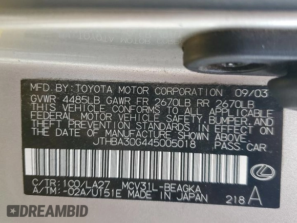 2004 Lexus ES 350 with VIN JTHBA30G445005018, listed as a Copart auction lot 51532975 with 225,393 mi miles and Salvage Title. Bid and sale history available at DreamBid. Image 12.