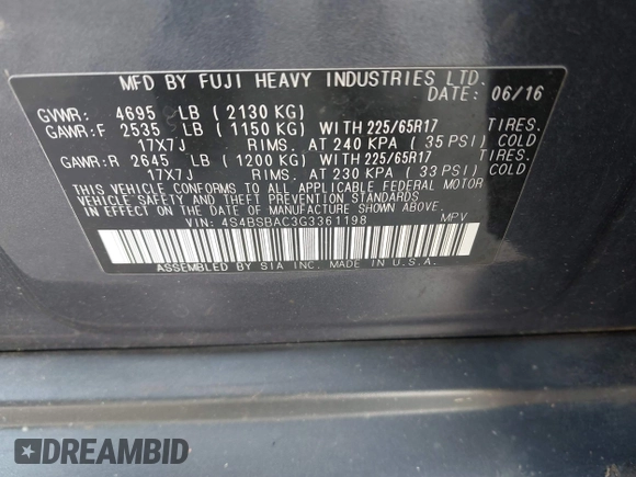 2016 Subaru Outback 2.5i with VIN 4S4BSBAC3G3361198, listed as a IAAI auction lot 42410822 with 115,186 mi miles and . Bid and sale history available at DreamBid. Image 9.