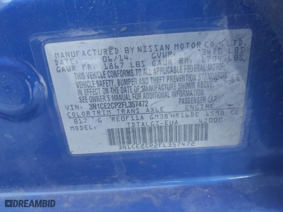 2015 Nissan Versa Note S with VIN 3N1CE2CP2FL357472, listed as a IAAI auction lot 41215110 with 104,091 mi miles. Bid and sale history available at carsss.com. Image 9.