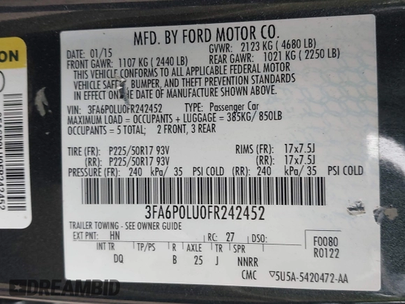 2015 Ford Fusion SE Hybrid with VIN 3FA6P0LU0FR242452, listed as a IAAI auction lot 41790218 with 163,741 mi miles. Bid and sale history available at carsss.com. Image 9.