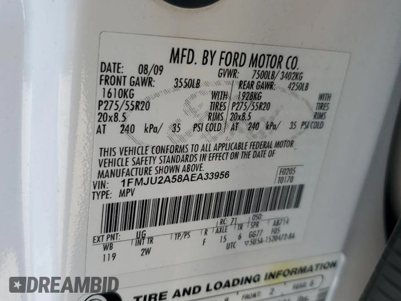 2010 Ford Expedition Limited with VIN 1FMJU2A58AEA33956, listed as a Copart auction lot 73245184 with Not provided miles and Salvage title. Bid and sale history available at DreamBid. Image 13.