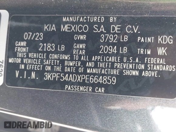 2023 Kia Forte GT-Line with VIN 3KPF54ADXPE664859, listed as a IAAI auction lot 41521944 with 34,248 mi miles. Bid and sale history available at carsss.com. Image 9.