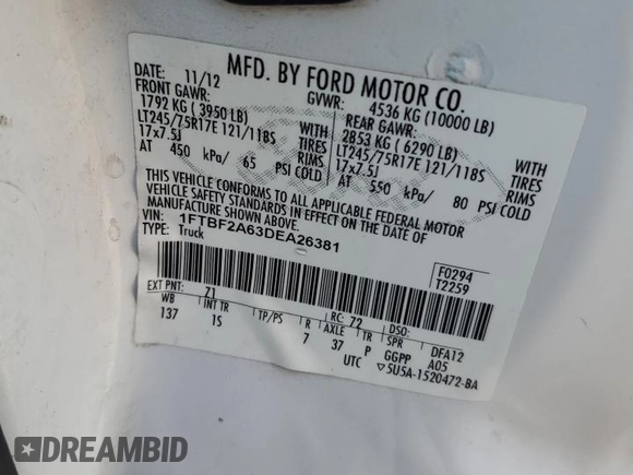 2013 Ford F-250 XL with VIN 1FTBF2A63DEA26381, listed as a Copart auction lot 73170264 with 166,475 mi miles and Salvage Title. Bid and sale history available at DreamBid. Image 12.