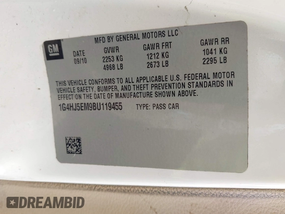2011 Buick Lucerne CXL Premium with VIN 1G4HJ5EM9BU119455, listed as a IAAI auction lot 41542742 with 132,923 mi miles. Bid and sale history available at carsss.com. Image 9.