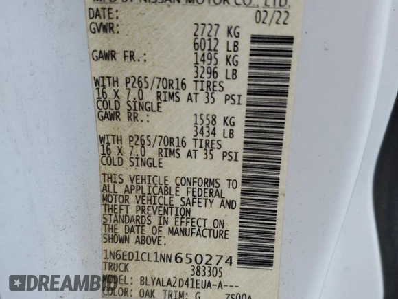 2022 Nissan Frontier S with VIN 1N6ED1CL1NN650274, listed as a Copart auction lot 51208275 with 115,089 mi miles and Salvage title. Bid and sale history available at DreamBid. Image 12.