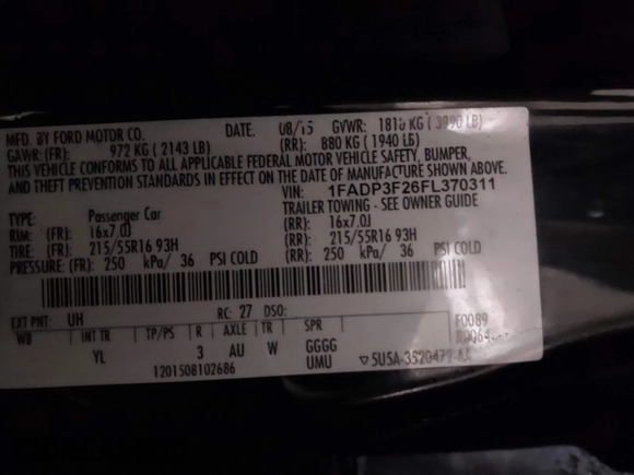 2015 Ford Focus SE with VIN 1FADP3F26FL370311, listed as a IAAI auction lot 41514842 with 126,444 mi miles and . Bid and sale history available at DreamBid. Image 9.