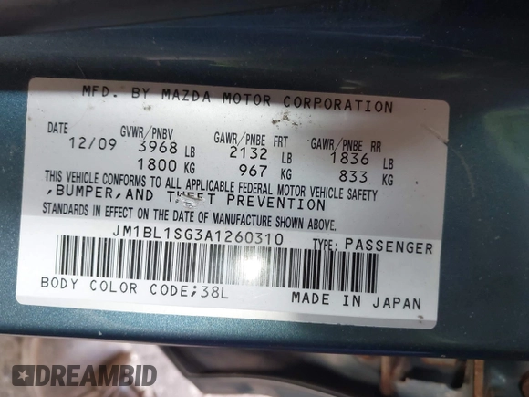 2010 Mazda 3 i Touring with VIN JM1BL1SG3A1260310, listed as a IAAI auction lot 42046200 with 193,646 mi miles and . Bid and sale history available at carsss.com. Image 9.