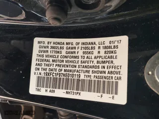 2017 Honda Civic Sedan Touring with VIN 19XFC1F97HE010119, listed as a IAAI auction lot 41310427 with 108,443 mi miles. Bid and sale history available at carsss.com. Image 9.