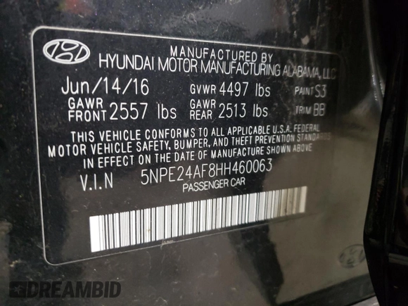 2017 Hyundai Sonata 2.4L with VIN 5NPE24AF8HH460063, listed as a Copart auction lot 55660635 with 154,107 mi miles and Salvage Title. Bid and sale history available at DreamBid. Image 12.