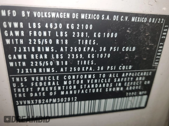 2023 Volkswagen Taos SE z VIN 3VVNX7B24PM302912, wystawiony jako Copart lot #45482425 z przebiegiem 55 647 mil mil oraz Szkoda całkowita • Salvage title. Historia ofert i sprzedaży dostępna na DreamBid. Obrazek 13.