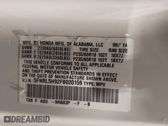 2015 Honda Odyssey Touring Elite with VIN 5FNRL5H92FB020159, listed as a IAAI auction lot 42103240 with 79,322 mi miles and . Bid and sale history available at DreamBid. Image 9.