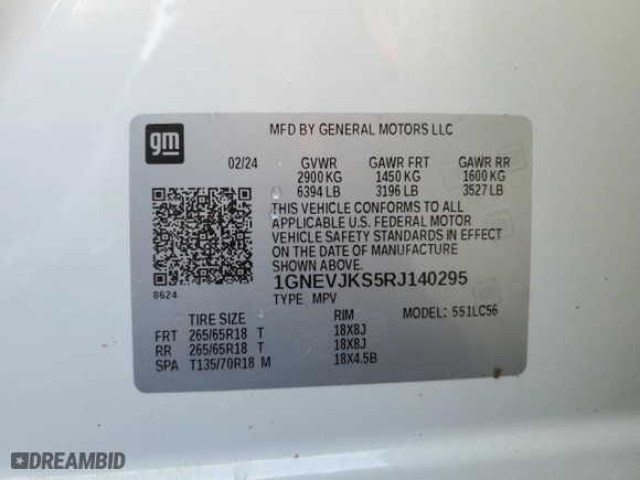 2024 Chevrolet Traverse AWD Z71 with VIN 1GNEVJKS5RJ140295, listed as a Copart auction lot 75522674 with 0 mi miles and Non Repairable. Bid and sale history available at carsss.com. Image 14.
