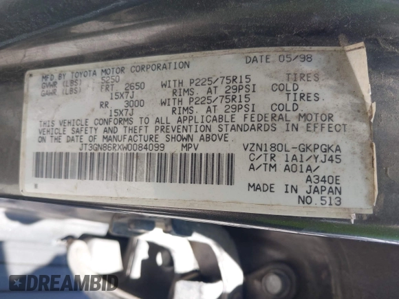 1998 Toyota 4Runner SR5 z VIN JT3GN86RXW0084099, wystawiony jako IAAI lot #42289061 z przebiegiem 213 688 mil mil oraz . Historia ofert i sprzedaży dostępna na DreamBid. Obrazek 9.
