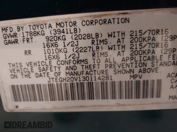 2003 Toyota RAV4 with VIN JTEGH20V130114281, listed as a IAAI auction lot 42144334 with 82,134 mi miles and . Bid and sale history available at carsss.com. Image 9.