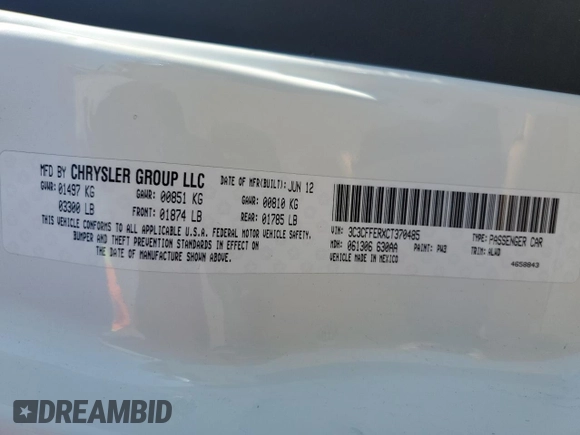 2012 FIAT 500 Lounge with VIN 3C3CFFERXCT370485, listed as a Copart auction lot 57119785 with 108,721 mi miles and Salvage title. Bid and sale history available at DreamBid. Image 12.