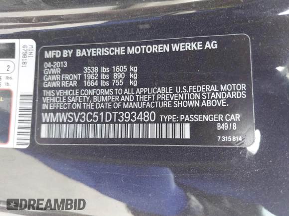 2013 MINI Hardtop S z VIN WMWSV3C51DT393480, wystawiony jako IAAI lot #41875837 z przebiegiem 117 157 mil mil oraz . Historia ofert i sprzedaży dostępna na DreamBid. Obrazek 9.