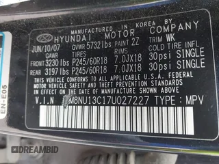 2007 Hyundai Veracruz GLS with VIN KM8NU13C17U027227, listed as a IAAI auction lot 41945106 with 194,978 mi miles and . Bid and sale history available at DreamBid. Image 9.