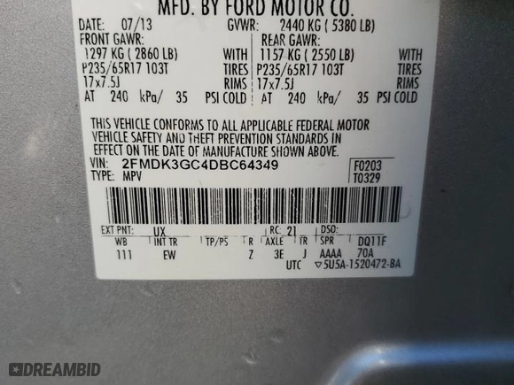 2013 Ford Edge SE with VIN 2FMDK3GC4DBC64349, listed as a Copart auction lot 48762425 with 148,761 mi miles and Salvage Title. Bid and sale history available at carsss.com. Image 13.