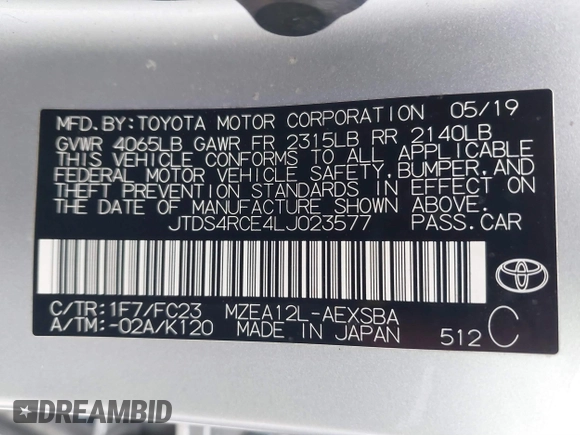 2020 Toyota Corolla SE with VIN JTDS4RCE4LJ023577, listed as a IAAI auction lot 41603538 with 114,463 mi miles. Bid and sale history available at carsss.com. Image 9.
