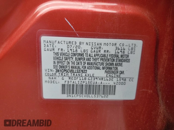 2020 Nissan Kicks SV with VIN 3N1CP5CV0LL537622, listed as a Copart auction lot 52837595 with 88,158 mi miles and Salvage Title. Bid and sale history available at DreamBid. Image 14.